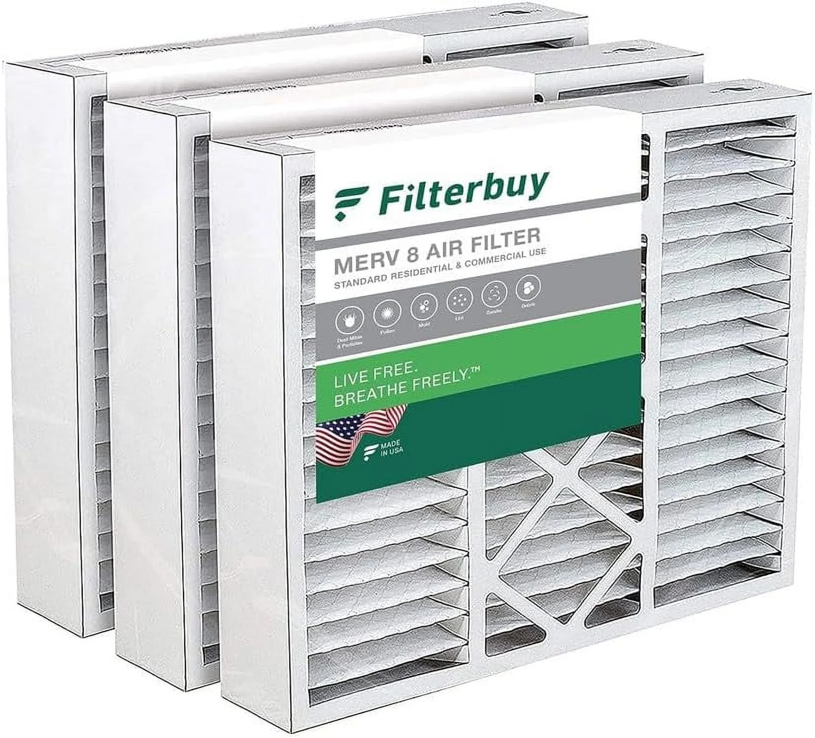 Filterbuy 20x25x5 MERV 8 Pleated HVAC AC Furnace Air Filters for Honeywell FC100A1037, Lennox X6673, Carrier, and More (3-Pack)