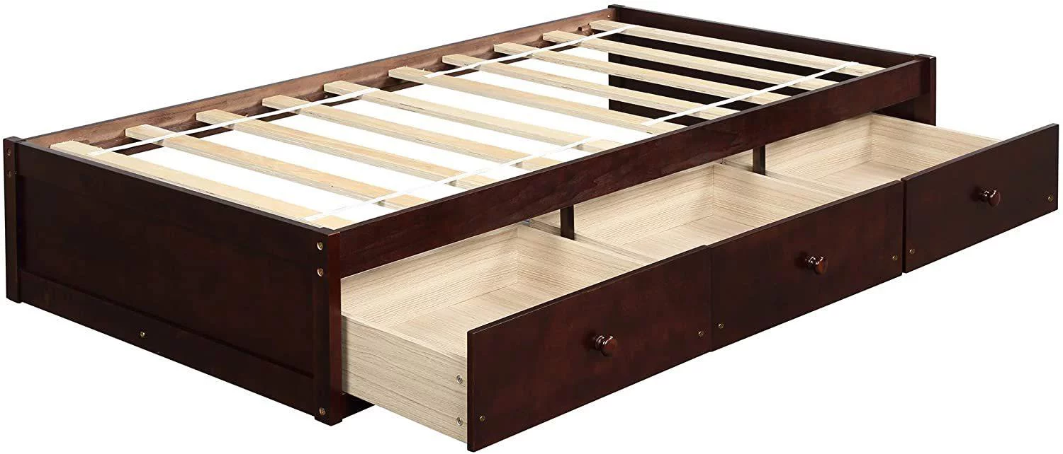 Twin Size Platform Bed Frame with Three Drawers, Sturdy Wood Structure, Small Space & No Box Spring Needed (Brown Cherry)