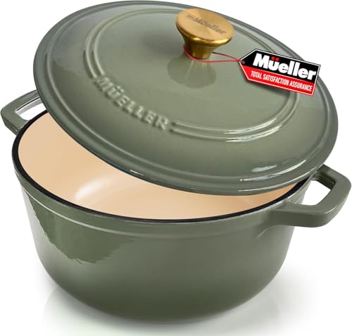 Mueller 6qt Enameled Cast Iron Dutch Oven, Heavy-Duty Casserole and Braiser Pan with Lid and Knob, Oven-Safe up to 500° F & Across All Cooktops, White