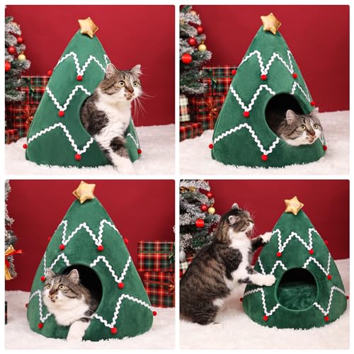 NIBESSER Cat Bed Christmas Hat Cat Tent House Self-Warming 2 in 1 Removable Comfortable Triangle Pet Teepee Xmas Dog Cave in Winter (Red)