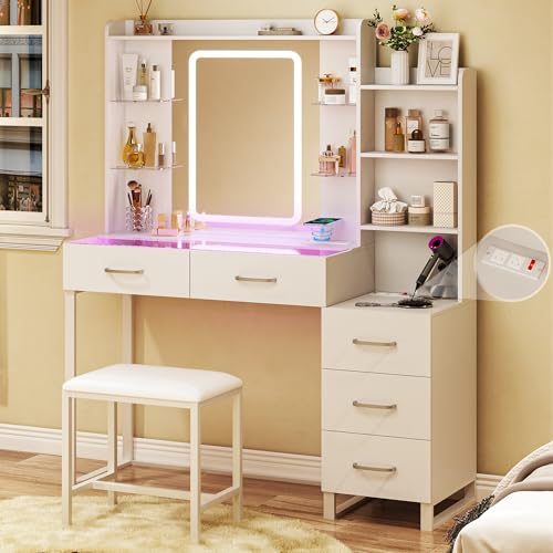 Vanity Desk with Mirror and LED Lights, 43
