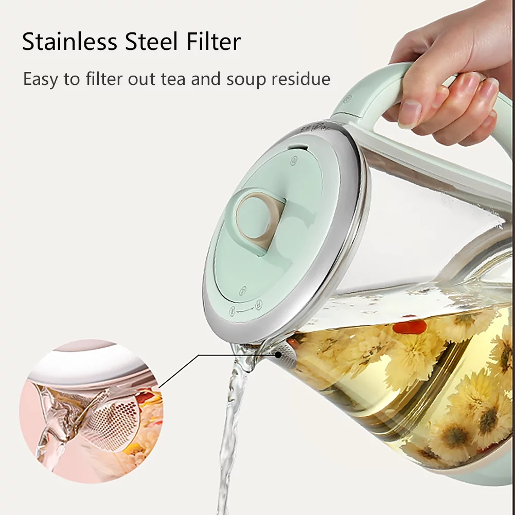 BUYDEEM Health Pot K2763 Lite, Glass Electric Kettle for Tea & Coffee, Water Boiler with Stew Pot, Temperature Control, Green, 1.5L