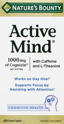 Nature's Bounty Active Mind Dietary Supplement, Supports Focus and Attention, 1000 mg Cognizin with L-Theanine and Caffeine Pills, 60 Caplets