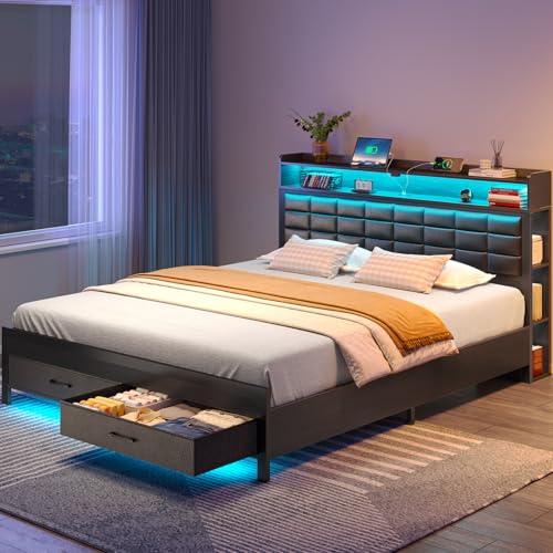 Rolanstar Bed Frame Full Size with Storage Headboard and 2 Drawers, Upholstered Platform Bed with Charging Station and LED Light, Heavy Duty Frame Support, No Box Spring Needed, Noise Free, Black