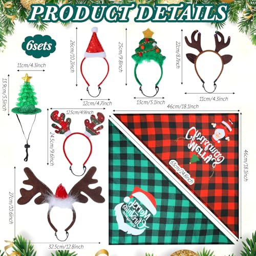 Paterr 12 Pc Christmas Dog Bandanas Set - 6 Reindeer Antlers Headband, 6 Classic Buffalo Plaid Pets Scarves & Bibs - Christmas Pets Accessory for Cats & Dogs