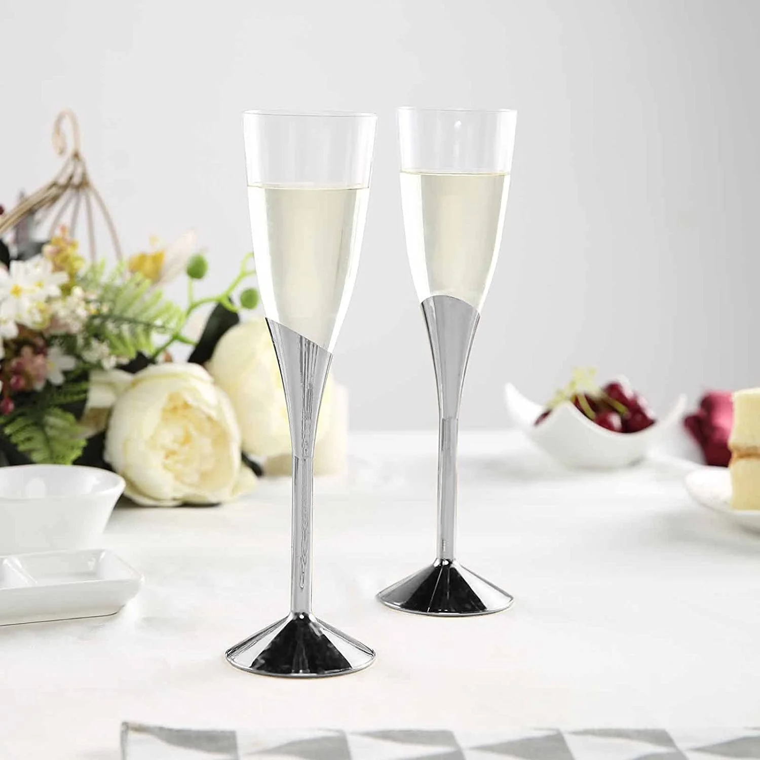 24 Plastic Flutes 5 Oz Silver Champagne Glasses - Disposable Wedding Reception Events Party Tableware Wholesale Supplies