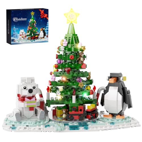 Christmas Tree Building Kit, Christmas Tree Building Block with Lights, Compatible with Lego Christmas Tree Buildings with Polar Bear Penguin Set, Holiday Present for Boys, Girls and Adults (802 PCS)