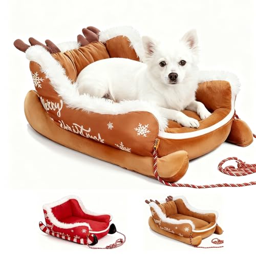 Christmas Sleigh Dog Bed, Funny Santa Sleigh Pet Warm Bed, Removable & Washable Plush Pet Warm Sofa with Non-Slip Base, for Winter Indoor Outdoor. (Red,Small)