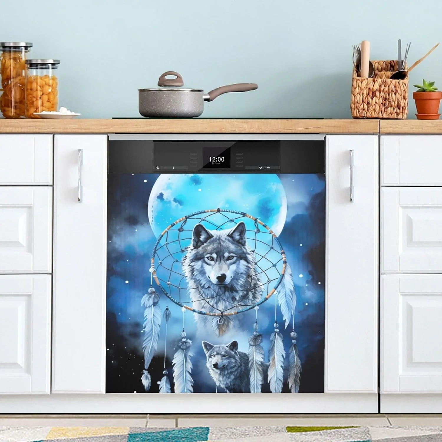 Coolnut Magnetic Dishwasher Stickers Cute Wolf Kitchen Dishwasher Cover Sticker, Panel Decal Home Cabinet Appliances Stickers 23in W x 26in H Home Decor