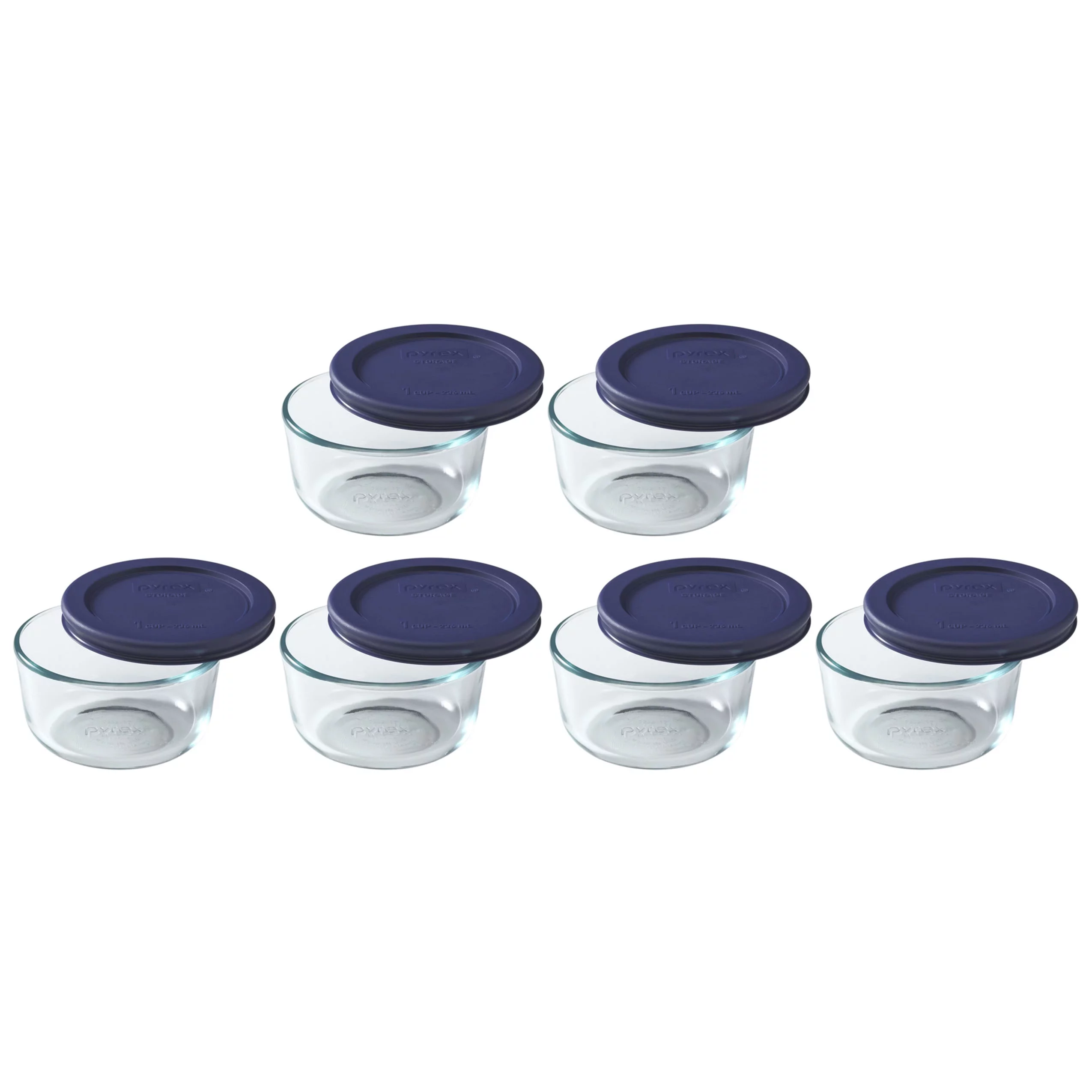 Pyrex 7202 1-Cup Clear Round Glass Food Storage Bowl and 7202-PC Blue Plastic Lid (6-Pack)
