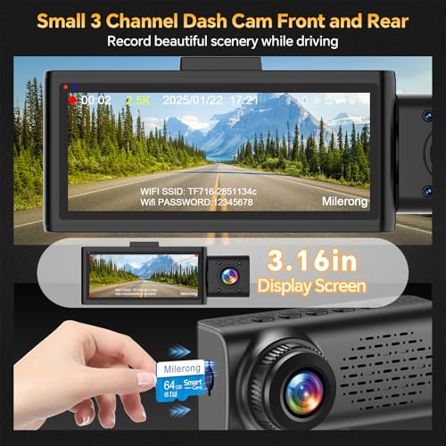 Dash Cam Front Rear and Inside, 3 Channel Dual Dash Camera for Cars WiFi 2.5K Dashcams for Car W/ 64GB Card,1440P Dashcam Front+1080P Inside Car Camera+1080P Rear Car Dash Cam,G-Sensor,IR Night Vision