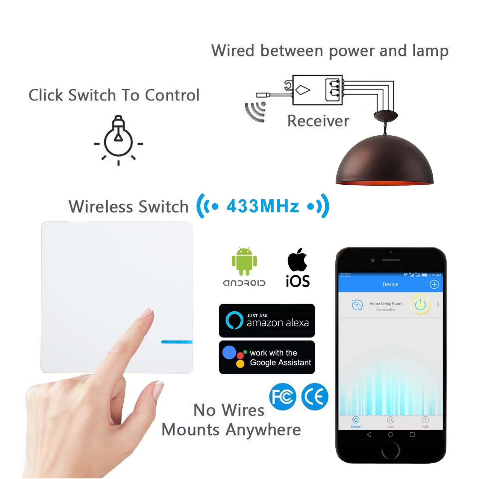 GREENCYCLE Smart Light Switch WiFi Wall Wireless 1-gang Switch + WIFI Receiver Compatible with Amazon Alexa and Google Home Remote Control Lights and Appliances Timing Function