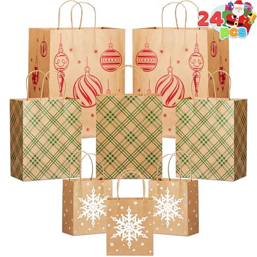 JOYIN 24 PCS Christmas Kraft Gift Bags Assorted Sizes, Reusable Holiday Paper Presents Wrapping Bags with Handles for Party, Birthday, Festival Classroom Treat Candy and Party Favors