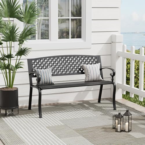 Outdoor Bench, 50 inches Metal Garden Bench, Cast Iron Steel Frame Patio Chairs w/Oval Pattern Backrest for Park, Yard, Porch, Lawn, Balcony, Backyard, Black