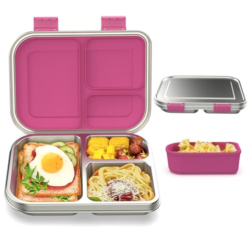 Stainless Steel Bento Box Kids, 3 Compartments Leak Proof Metal Bento Lunch Box, 304 Stainless Steel Bento Lunch Containers for School and Office,Dishwasher Safe, BPA-Free-Pink