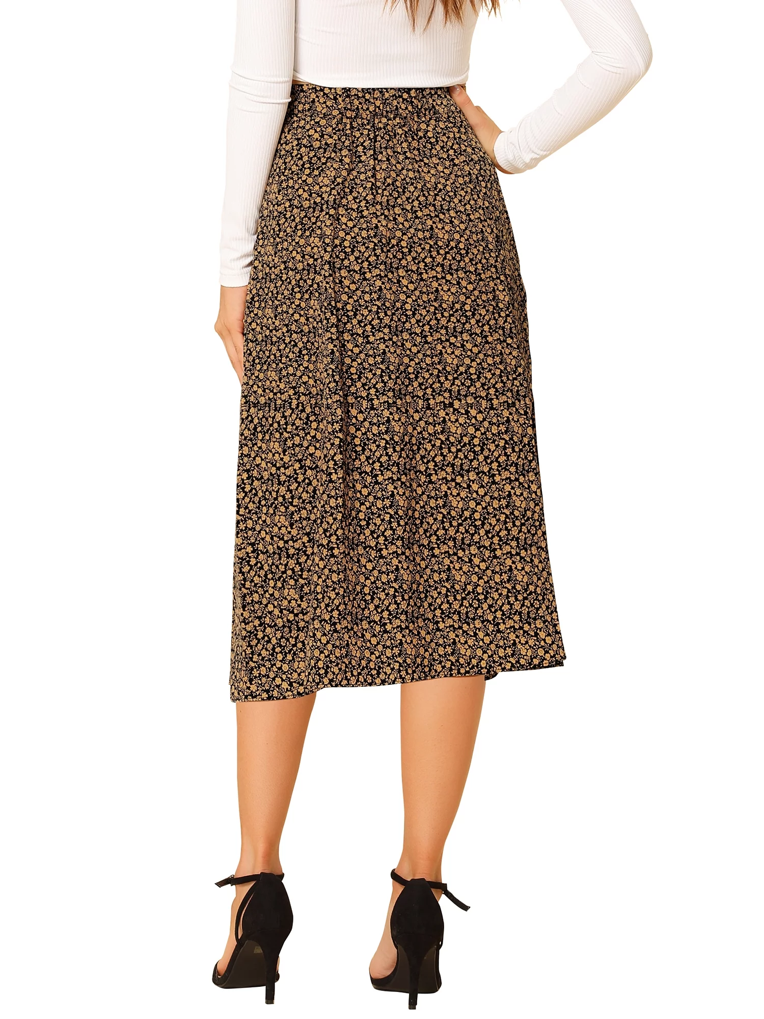 Allegra K Women's Peasant Elastic Waist A-Line Printed Midi Skirt