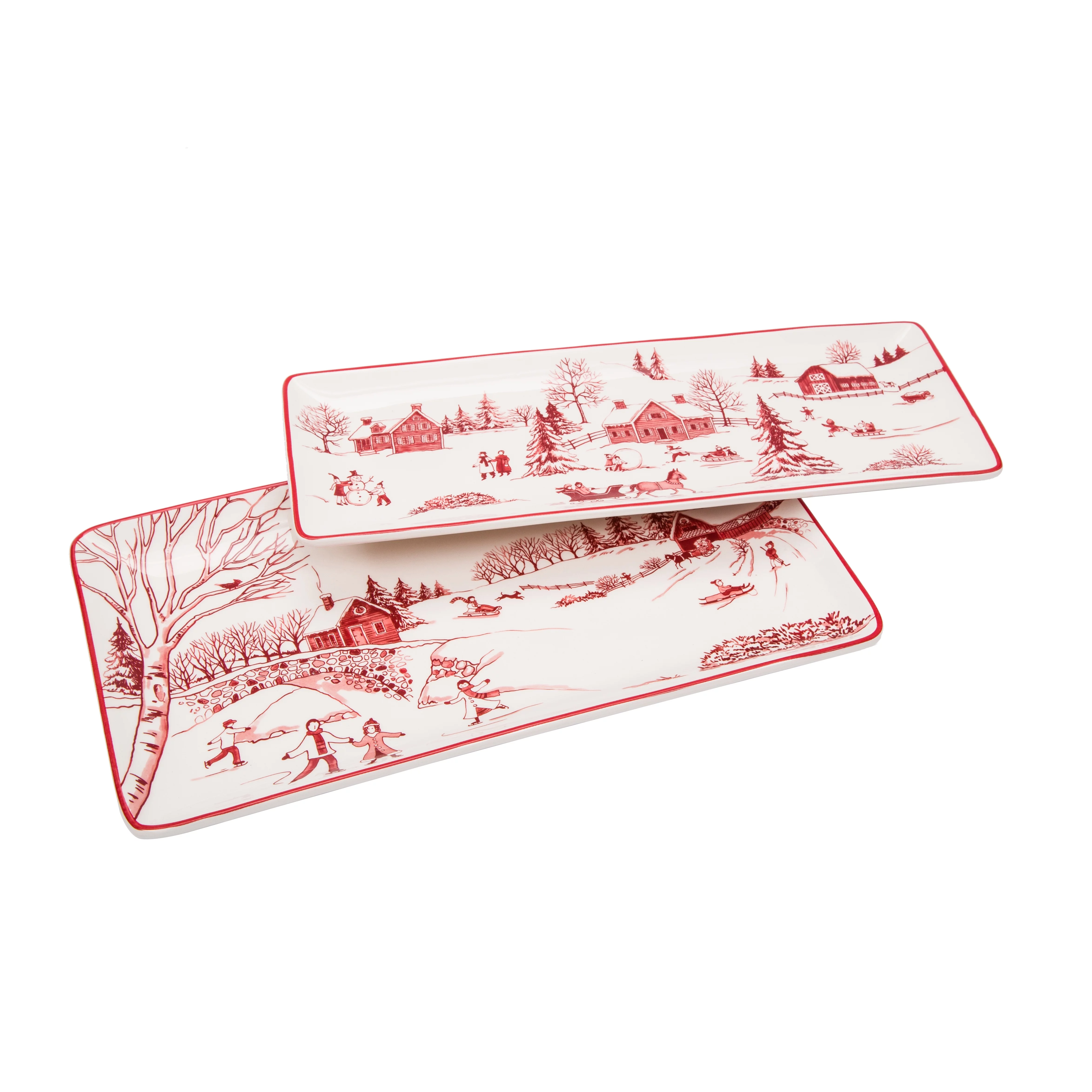 Bico Toile De Jouy Winter Wonderland Ceramic 14 inch Rectangular Serving Platter, Set of 2, for Serving Salad, Pasta, Cheese, Ham, Appetizer, Microwave & Dishwasher Safe