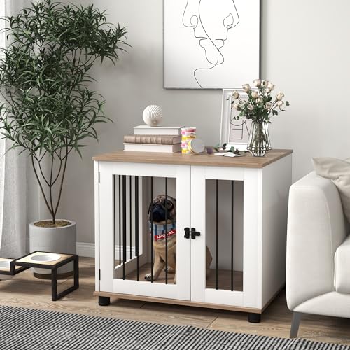 PawHut Dog Crate Furniture, Side Table Indoor Dog Kennel, End Table with Lockable Door for Small and Medium Dogs, Walnut Brown