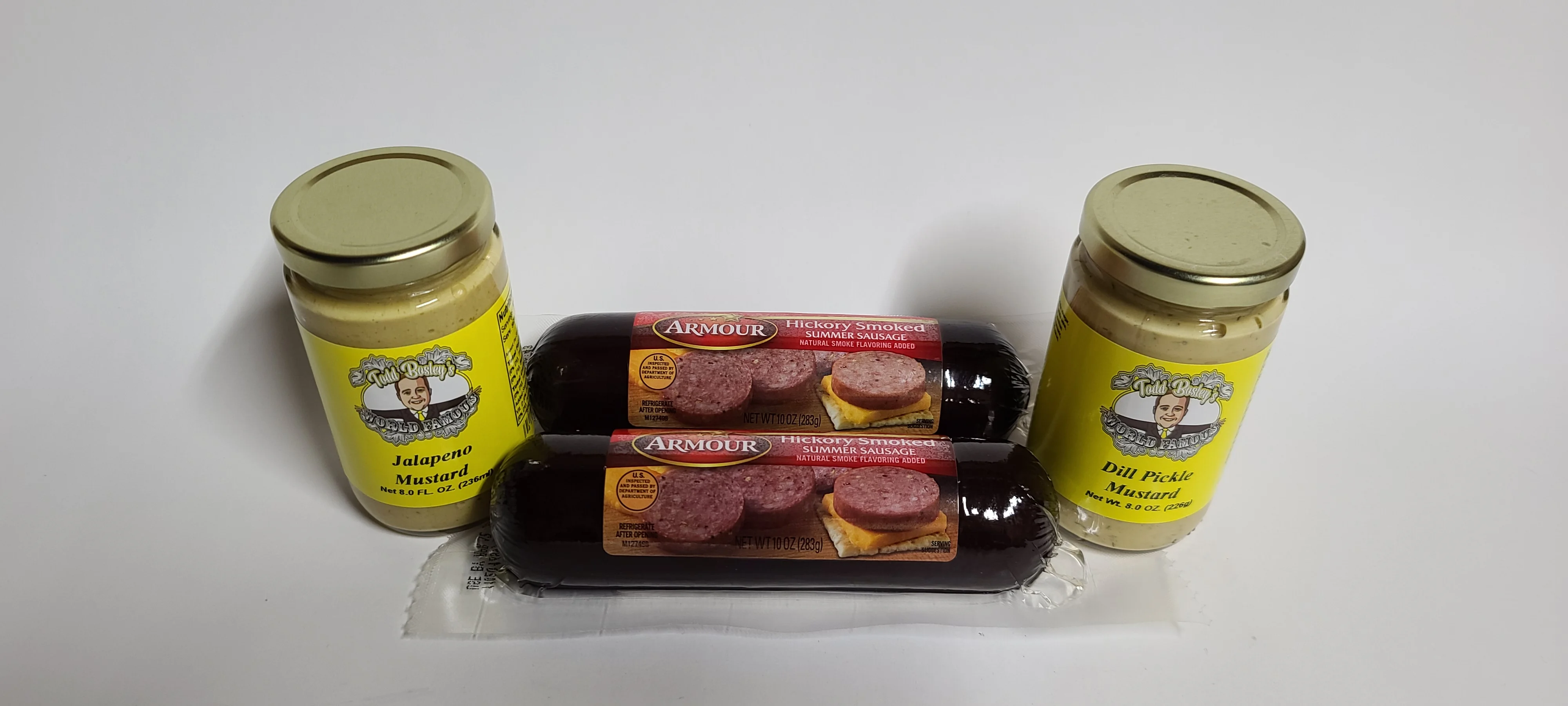 World Famous Summer Sausage Gift Set -10oz Armour Hickory Smoked Summer Sausage (x2) with Todd Bosley's World Famous Jalapeno & Dill Pickle Mustard