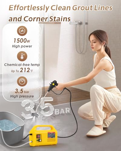 1500W Tankless Pressurized Steam Cleaner - Handheld Portable Grout & Tile Steamer for Home, Kitchen, Bathroom, and Car Cleaning - 110V | Yellow