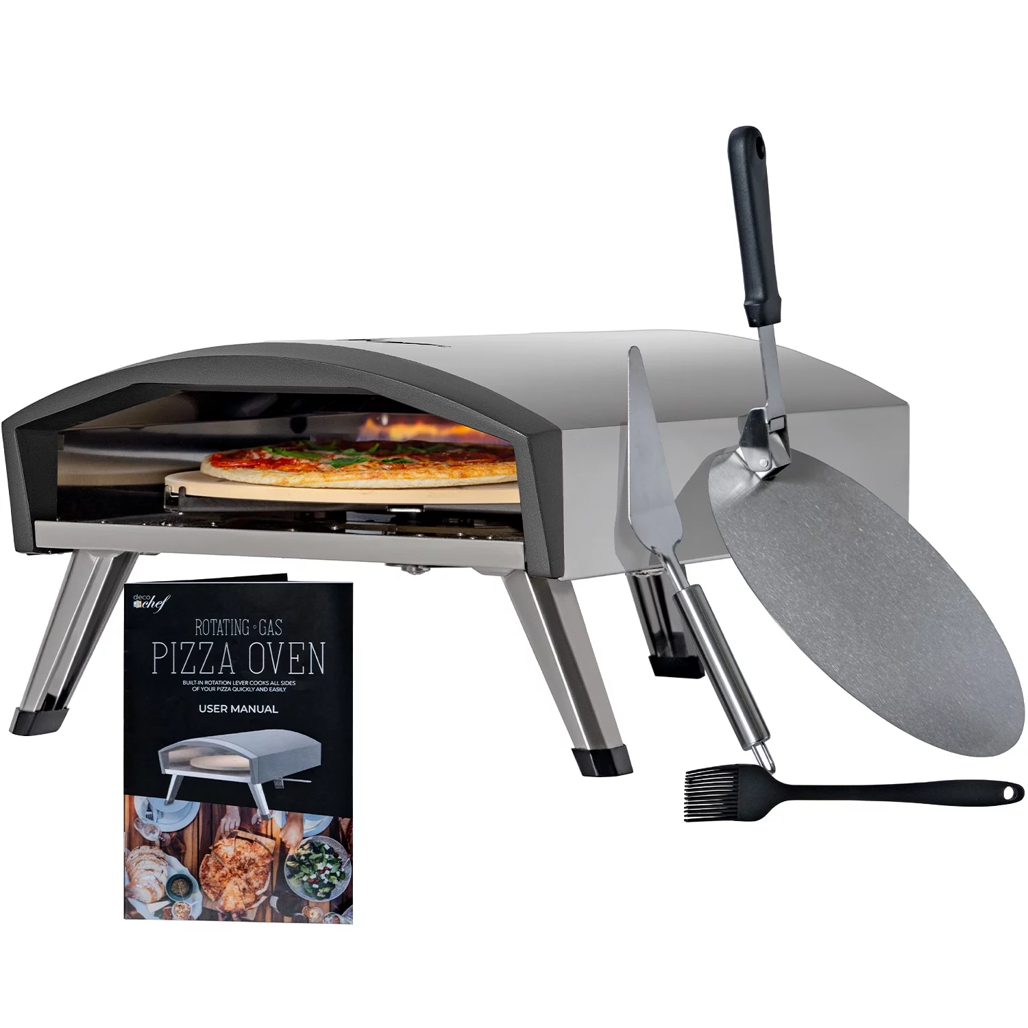 Deco Chef Outdoor Gas Pizza Oven, Portable Collapsable Design, Hassle-Free Self-Rotating Baking Stone, Accessories, Stainless Steel