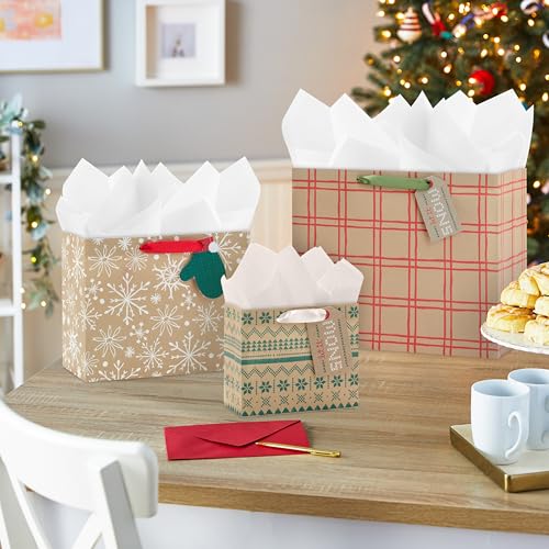 Hallmark Holiday Kraft Gift Bags with Gift Tags (8 Horizontal Bags, 8 Tags: Snowflakes, Mittens, Let It Snow)