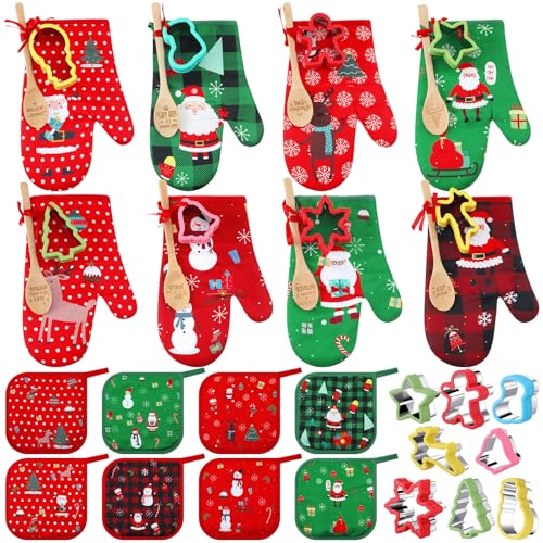 Suclain 32 Pcs Christmas Oven Mitts Pot Holders Baking Gift Set Pack Holiday Baking Cookie Cutters Wooden Spoons Kitchen Xmas Supplies for Friends Coworker Family Cooking Lover Presents