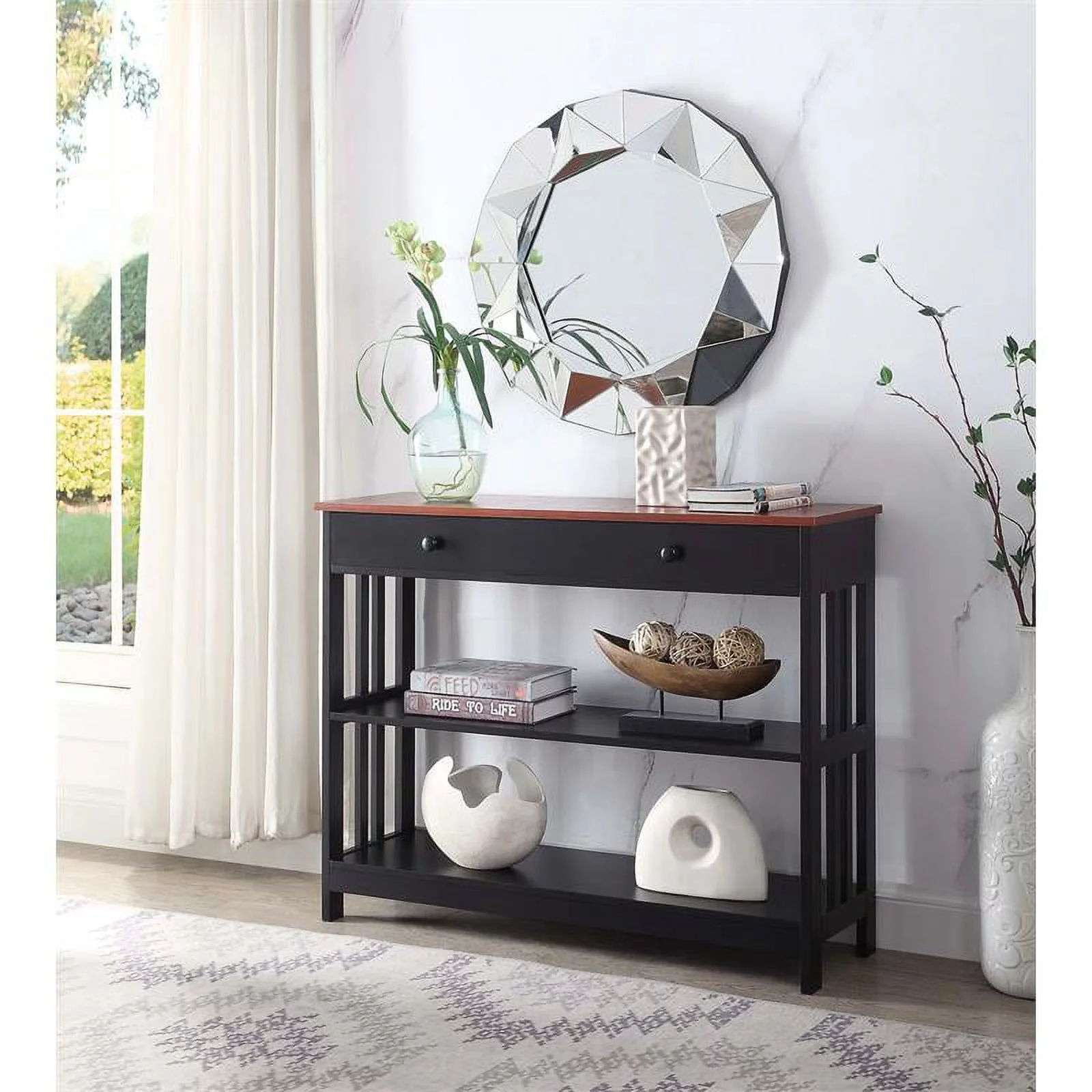 Pemberly Row Contemporary Cherry 1 Drawer Console Table in Black Wood Finish