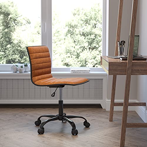 Flash Furniture Alan Low-Back Ribbed Upholstered Vinyl Swivel Desk Chair with Padded Seat, Modern Adjustable Height Padded Office Chair, White