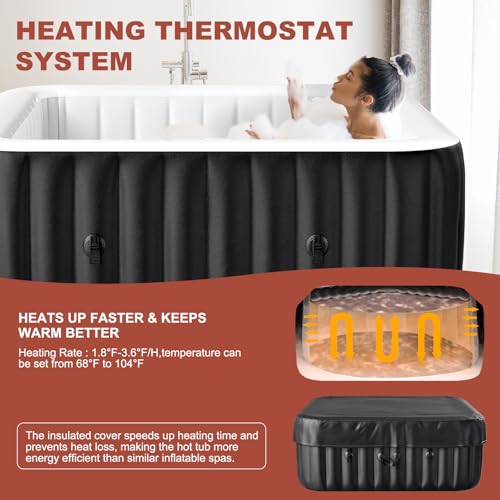 LILYPELLE 4-6 Person Inflatable Hot Tub, Large Portable Square Hot Tub with 130 Bubble Jets, Outdoor Spa Bathtub Set Included Heater Pump, Filter and Insulated Cover, 73