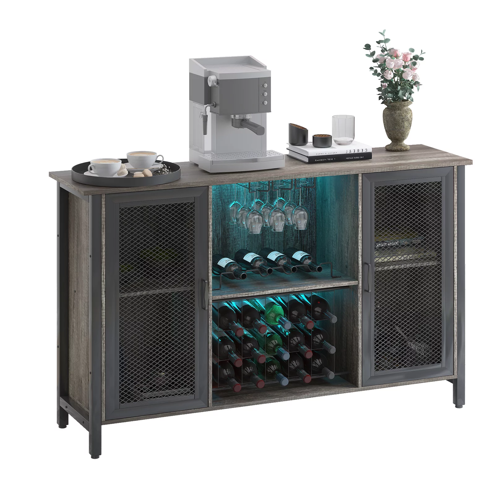 BALUS Wine Bar Cabinet with RGB LED | Home Bar Industrial Sideboard Buffet Cabinet with Storage | Coffee Bar Cabinet with Wine Rack for Liquor and Glasses |Farmhouse Bar Cabinet for Dining living Room