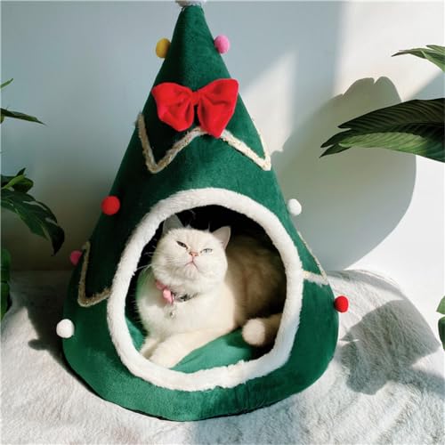 Christmas Tree Cat Bed for Indoor Cats House Tent with Detachable Pillow Xmas Cave Beds for Pets Cats and Dogs (Green Xmas Tree, 15.7 X 15 Inch)