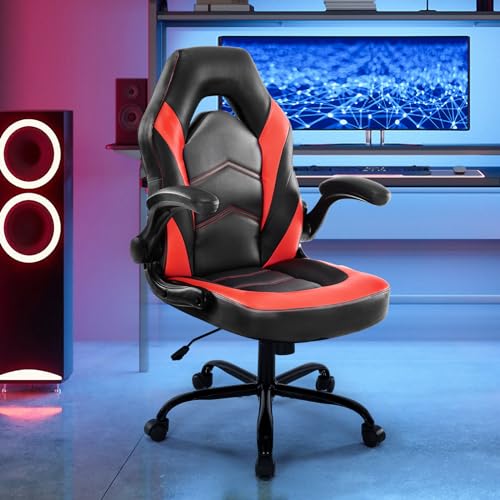 DUMOS Computer Game Desk Chair - Ergonomic PU Leather Lumbar Support, Height Adjustable High Back Video Game with Flip-up Armrest, Rolling Swivel for Adults, Deep Grey