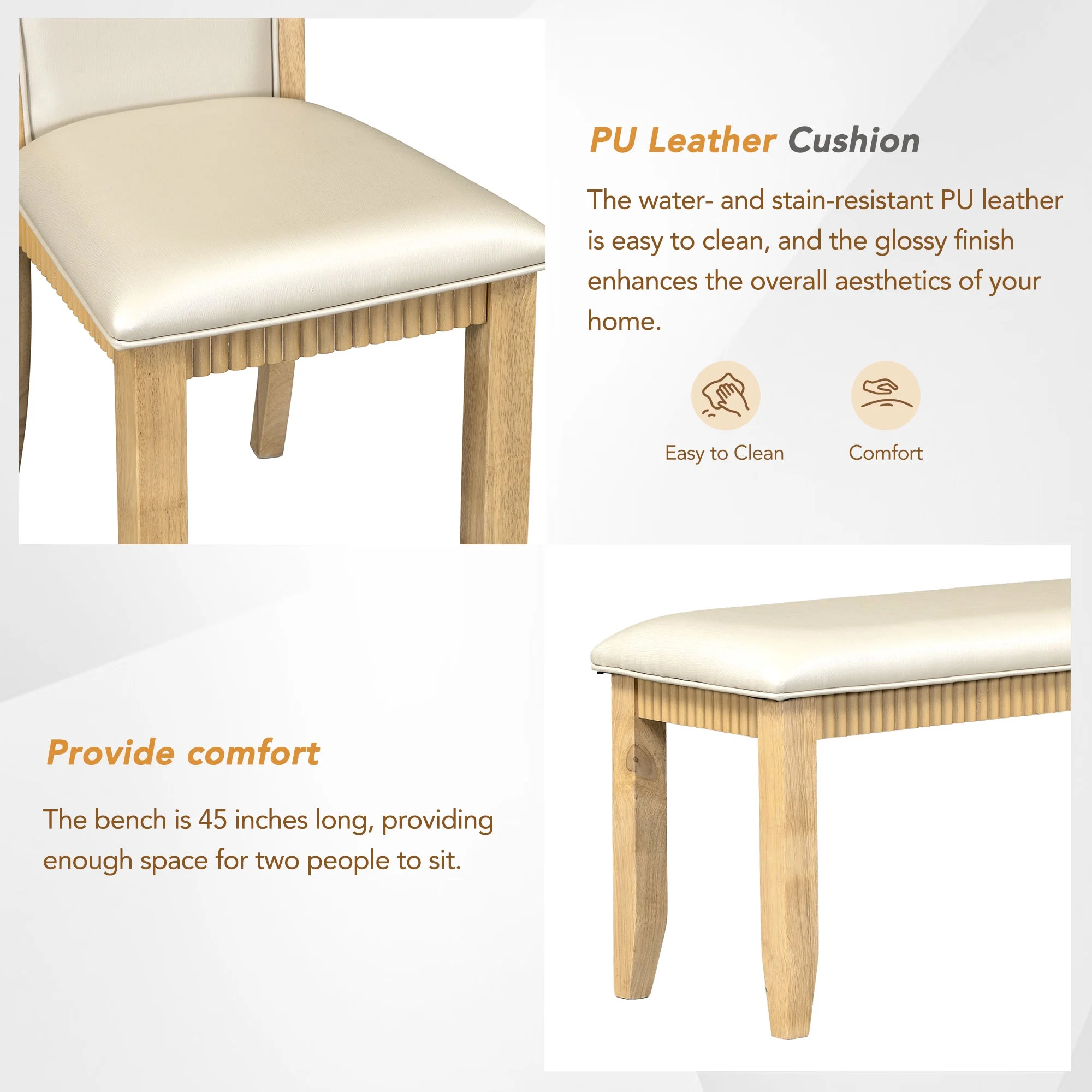 CoSoTower Rustic Solid Wood 6-Piece Dining Table Set, PU Leather Upholstered Chairs and Bench, Natural Wood Wash