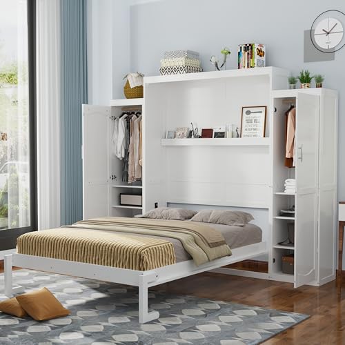 SOFTSEA Queen Murphy Bed with 2 Wardrobes and Storage Shelf, Foldable Hidden Wall Bed Queen Platform Bed Space-Saving for Guest Room Office Studio, White