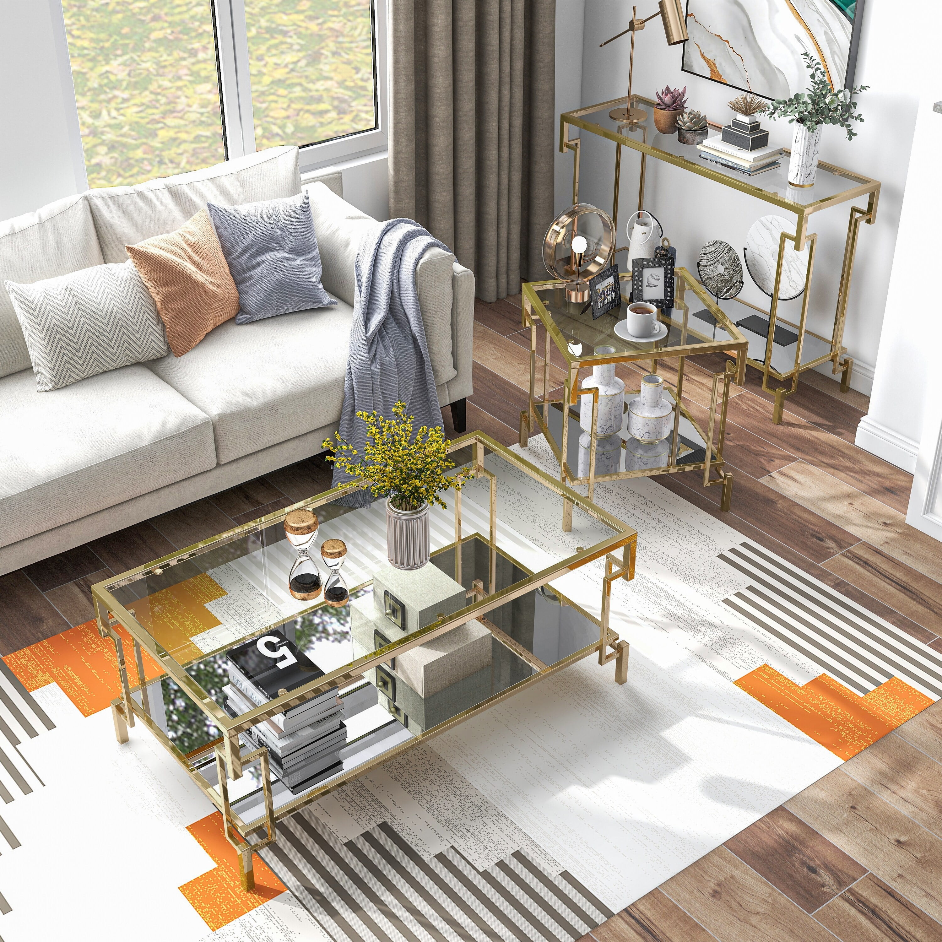 Furniture of America Yout Glam Glass Top 3-Piece Coffee Table Set with Shelf by