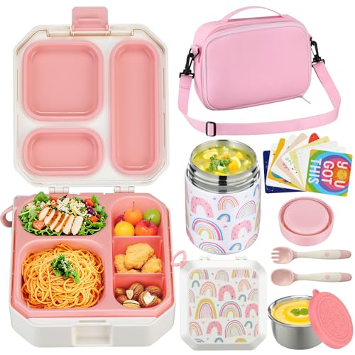 Itslife Bento Lunch Box Set for Kids with 12oz Soup Thermo&Lunch Bag, Leak-Proof Lunch Food Containers for Kids School, 5 Compartment, Sauce Cup, 10 Notes (Gaming Black)