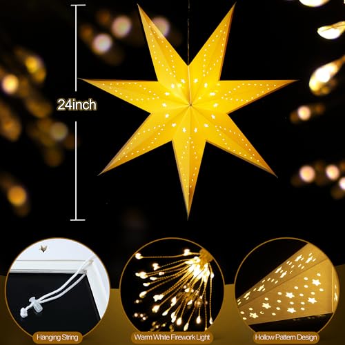 Hiboom 2 Pack Paper Star Lantern 24 Inch, 8 Mode 50 LEDs Firework Fairy String Lights, Seven Pointed Light up Hollow Out Star Hanging Decoration for Indoor Outdoor Room Wedding Christmas Party
