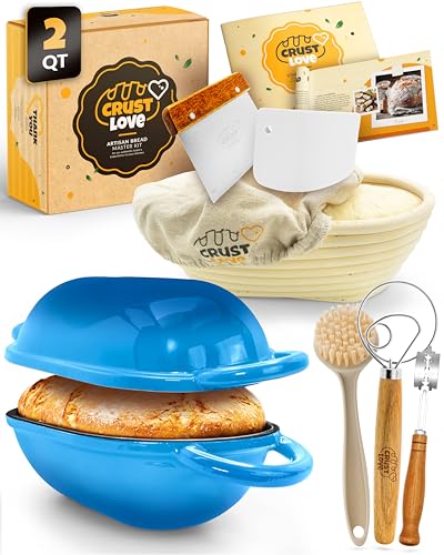 Loaf Pan for Bread Baking - incl Sourdough Bread-Baking Supplies like Banneton Bread-Proofing Basket - 2QT Enameled Oval Cast Iron Dutch Oven, Bread-Oven, Sour Dough Bread-Banking-Pan Tools