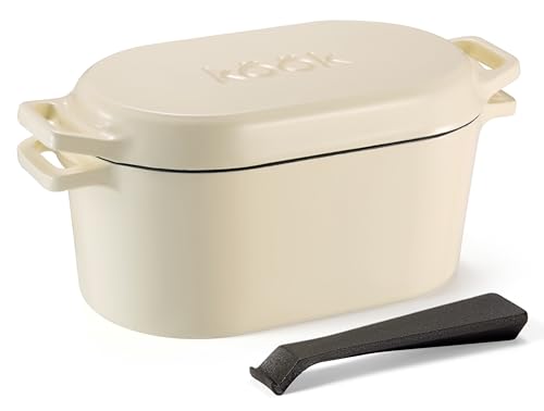 KooK Dutch Oven, Oven for Sourdough Bread Baking, with Lid, Dual Handles, Enameled Cast Iron, includes Lid Lever, Great for Baking Bread, Cooking and Roasting, Dishwasher Safe, 3.4 Qt, Black