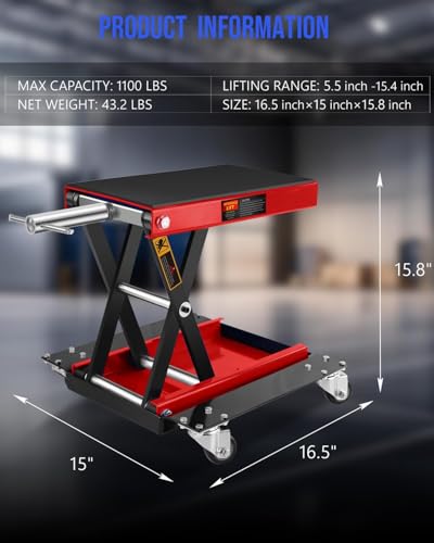 1100LBS Motorcycle Scissor Lift Jack with Dolly Wheels & Hand Crank, Heavy Duty Adjustable Bike Lift Stand with Foldable Non-Slip Platform for Cruiser, Dirt Bike, ATV Garage Repair