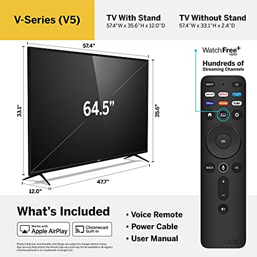VIZIO 65-Inch V-Series 4K UHD LED HDR Smart TV with Apple AirPlay and Chromecast Built-in, Dolby Vision, HDR10+, HDMI 2.1, Auto Game Mode Low Latency Gaming, V655-J09, 2021 Model (Renewed)