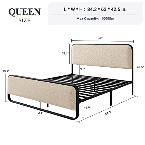Allewie Queen Size Metal Bed Frame with Curved Upholstered Headboard and Footboard, Platform Bed Frame with Under Bed Storage, No Box Spring Needed, Vintage, Beige