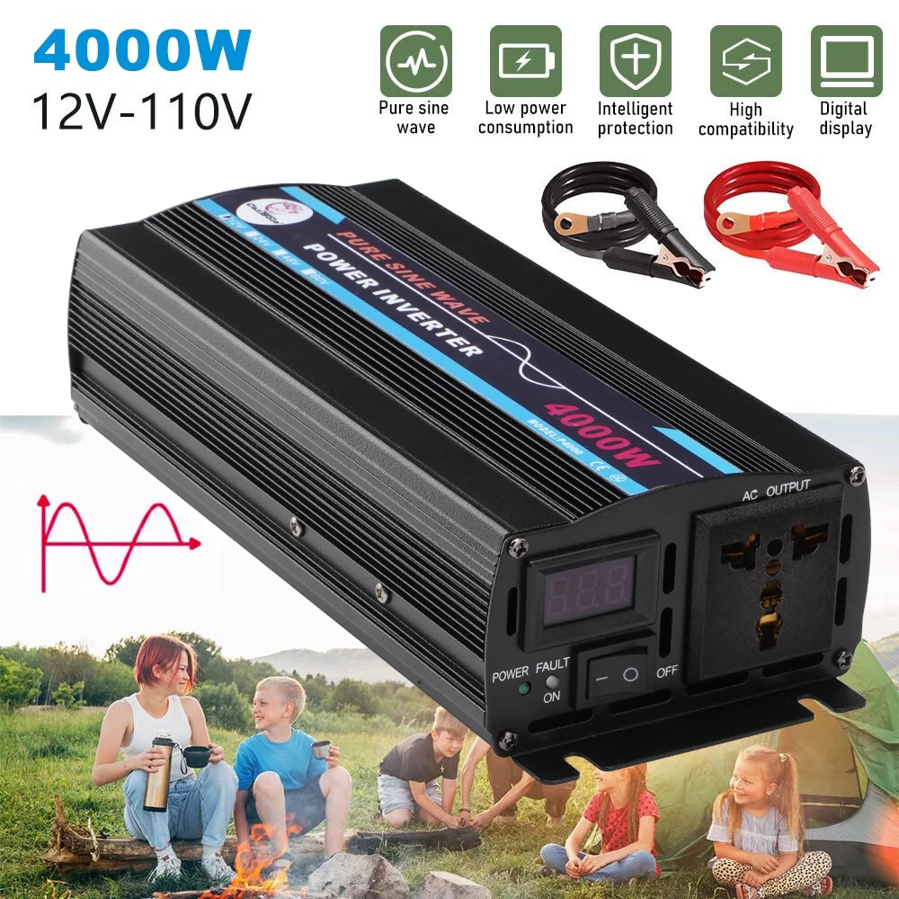 Pure Sine Wave Inverter, 4000W Power Inverter DC12V to AC 120V Car RV Converter Charger Adapter