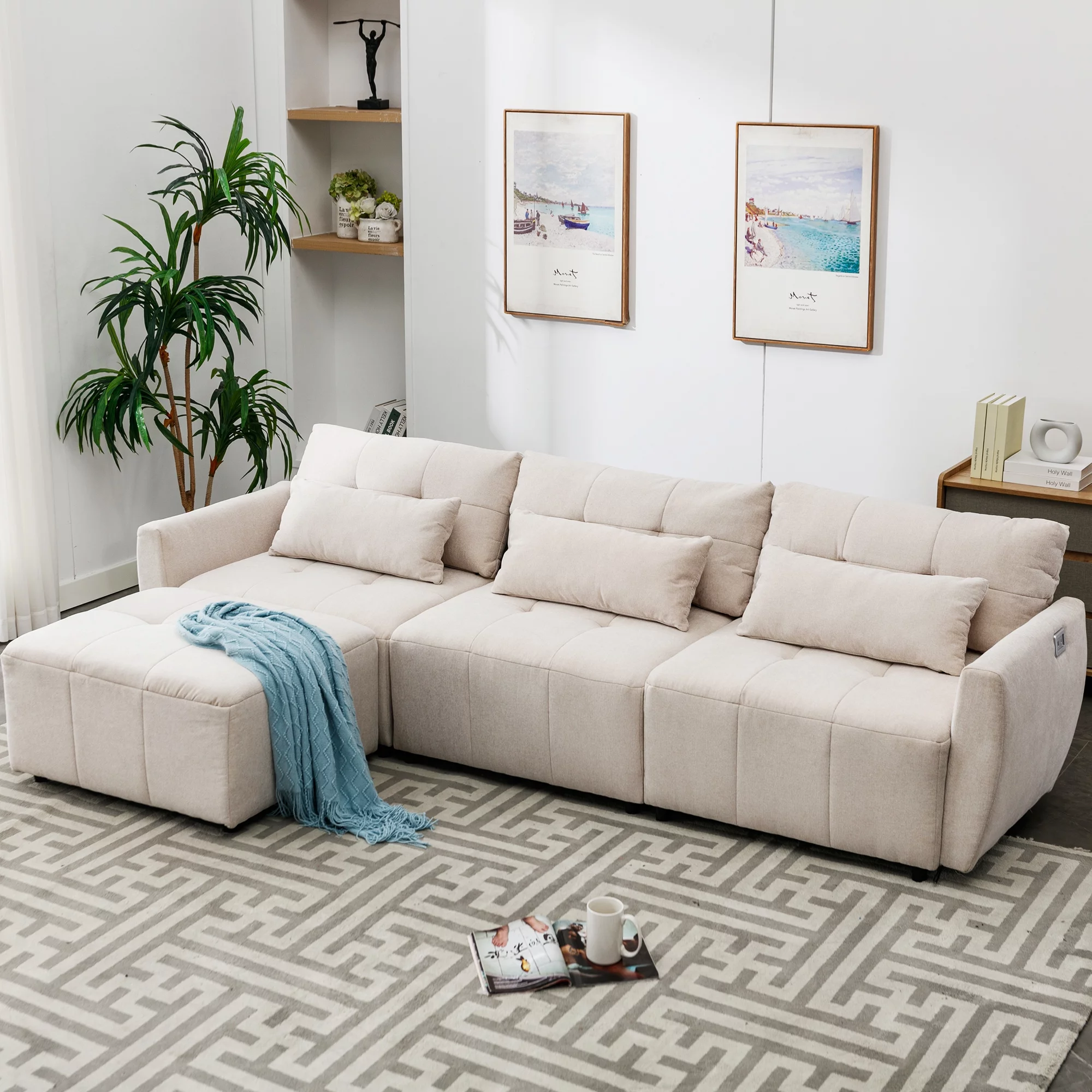 Churanty Modern Sectional Sofa 3 Seat Couch with Convertible Ottoman Chenille L shaped Couch Set with USB Port for Small Space Apartment Office,Beige