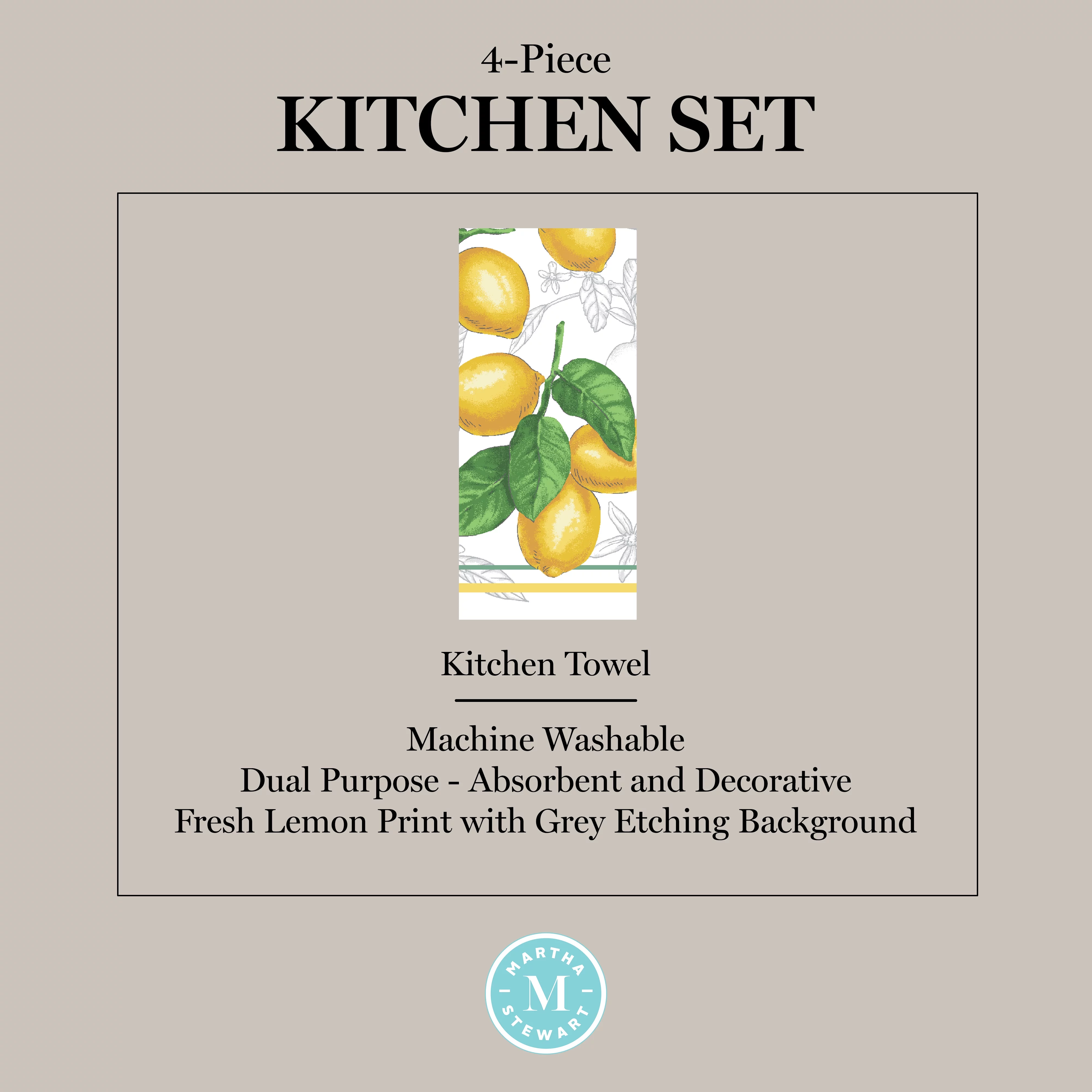 Martha Stewart Lots of Lemons Modern Kitchen Towel, Oven Mitt & Potholder Set 4-Pack, White-Yellow, 2KT: 16