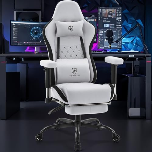 Gaming Chair Breathable Fabric,Computer Office Chair with Footrest,Massage Lumbar Support and Gel Pad,Ergonomic Reclining Gamer Chair with Adjustable Armrests and Spring Cushion Grey Black