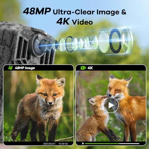 DEATTI Trail Camera 48MP 4K Game Camera with 8 Batteries 32G SD Card,WiFi Bluetooth Connection,Trail Cameras with Night Vison Motion Activated Waterproof for Wildlife Deer Outdoor 0.1s Trigger Time