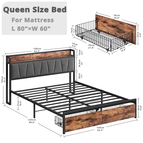 LIKIMIO King Size Bed Frame, Storage Headboard with Charging Station, Platform Bed with Drawers, No Box Spring Needed, Easy Assembly, Vintage Brown and Gray