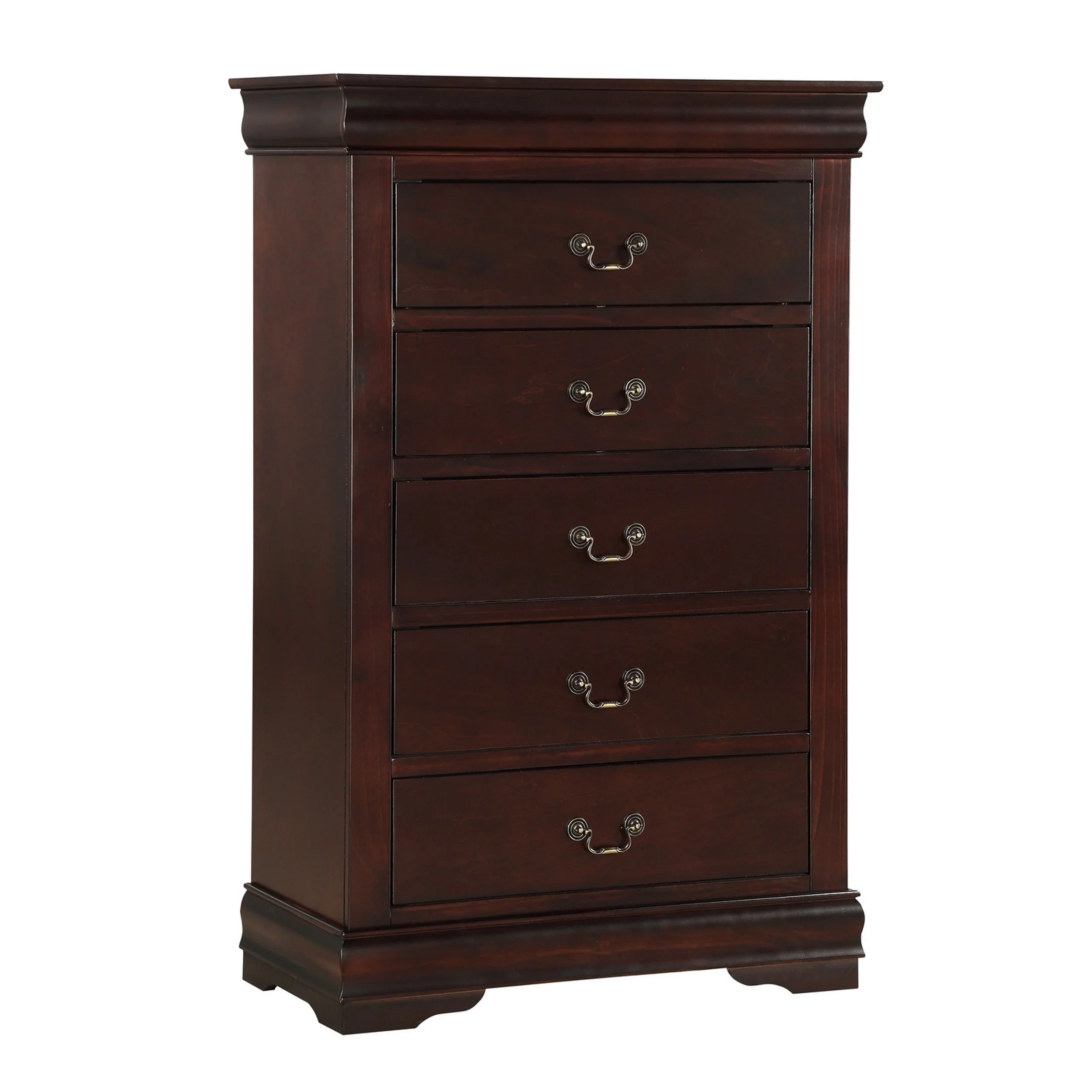 Ryla 48 Inch Tall Dresser Chest, 5 Drawers, Metal Handles, Solid Brown Wood